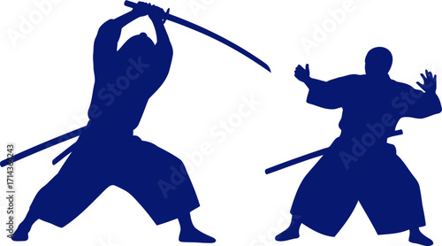 samurai sword fight blue silhouette of intense martial arts duel, isolated on transparent background