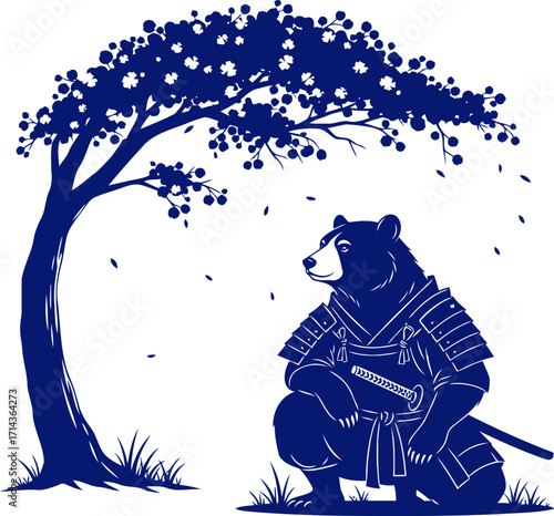 serene samurai bear awaiting the spring blossoms silent fall, isolated on transparent background