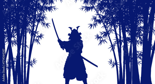 samurais silent watch a blue silhouette in bamboo, isolated on transparent background