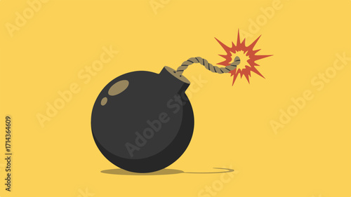Illustration of a classic black bomb with a lit fuse against a solid yellow background, concept of danger