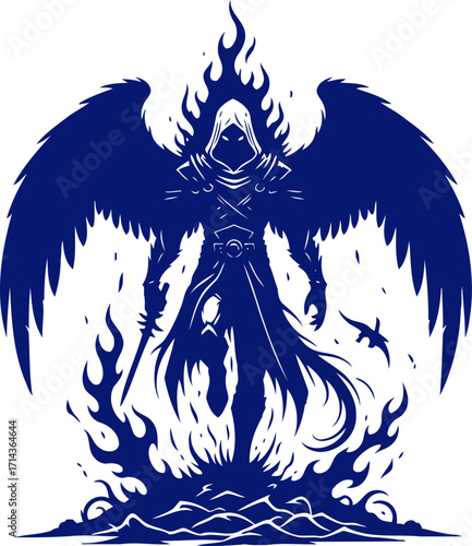 the obsidian archangels fiery descent a winged warrior emerges from hellish flames, isolated on transparent background