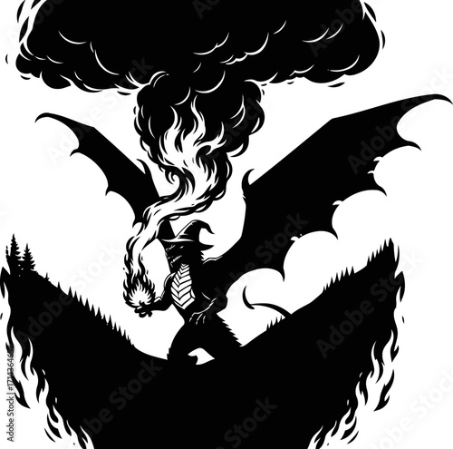 the obsidian dragons fiery wrath a silhouette of majestic power and mythical inferno, isolated on transparent background