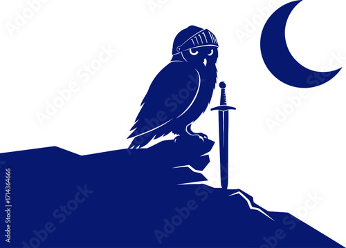 the owl knights vigil a cobalt silhouette of silent protection under the crescent moon, isolated on transparent background