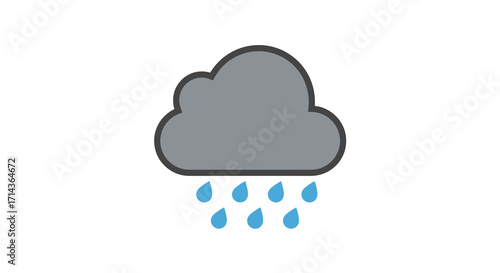 Simple illustration of a gray rain cloud with blue raindrops falling, flat design style, against a white background, conveying a calm and slightly melancholic mood.