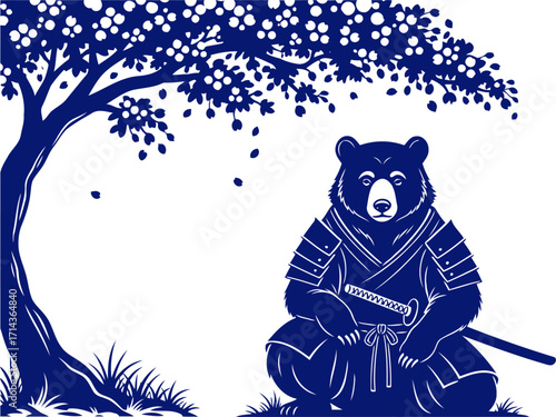 tranquil samurai bear awaiting dawn under blossoming branches, isolated on transparent background