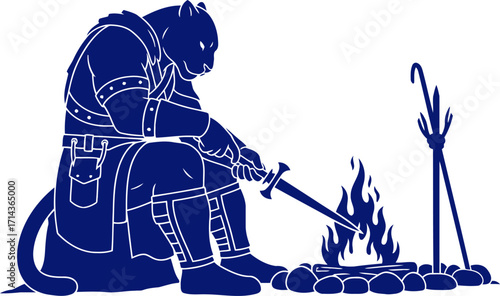 weary warriors campfire vigil a blue panther knights solitary rest, isolated on transparent background