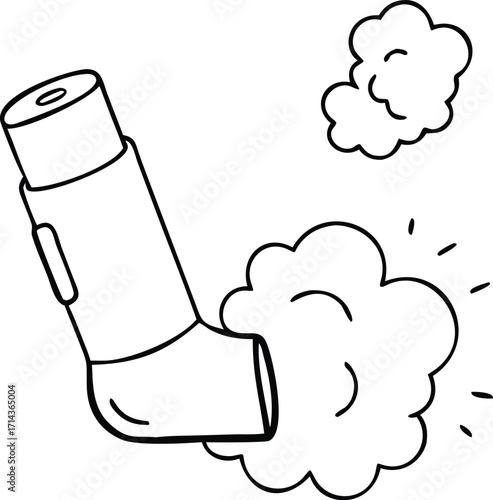 Asthma inhaler dispensing medication clouds medical device hand drawn style vector