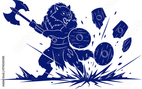 werewolf warriors shattered shield assault navy blue silhouette of rage, isolated on transparent background