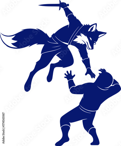 a navy blue fox warriors swift strike a silhouette of cunning, agility, and deadly precision, isolated on transparent background