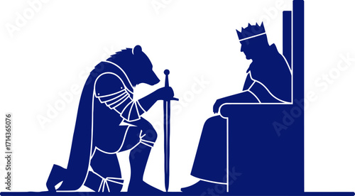 a bearded knights humble plea before the crowned king, isolated on transparent background