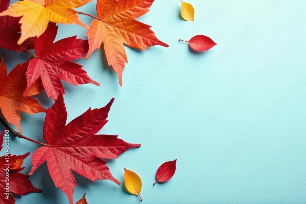 Obraz premium Crisp autumn leaves, vibrant reds & oranges on a soft light blue backdrop , season, background