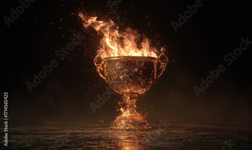 A golden trophy engulfed in vibrant flames, embers and sparks flying, rests on a dark, reflective surface against a black background.  The scene is dramatic and intense, suggesting triumph and passion