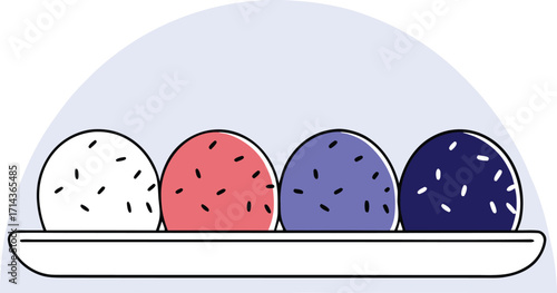 Four Round Food Items on a White Plate dessert ice cream