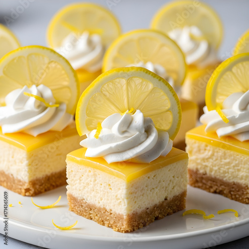 Delicious mini lemon cheesecakes with whipped cream and lemon slices