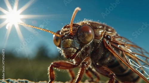 Wallpaper Mural Detailed macro photograph of a cicada in the wild, with a dramatic sunburst highlighting its intricate compound eyes and antennae Torontodigital.ca