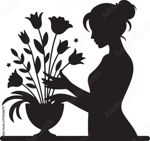  Black silhouette of a florist arranging flowers on a white background, clean outline