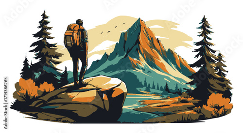 Adventurous Hiker Crossing Bridge and Standing on Snowy Cliff Landscape