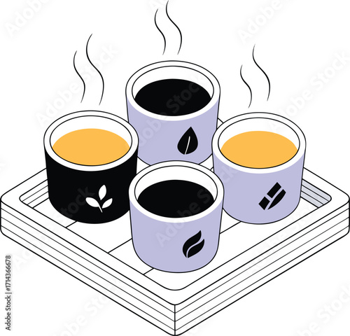 Four cups of coffee and tea on a tray in isometric view Keywords: coffee, tea, cups, tray, isometric