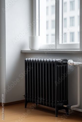Wallpaper Mural Black radiator below white windowsill in modern apartment with wooden floor Torontodigital.ca