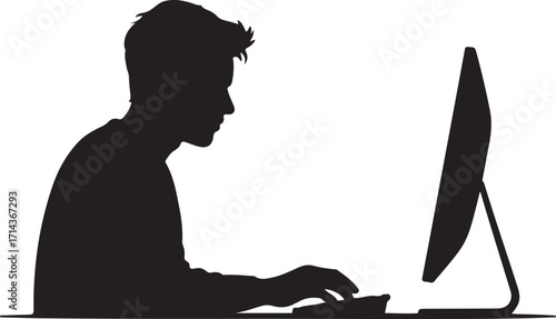  Black silhouette of a graphic designer at computer on a white background, minimal art