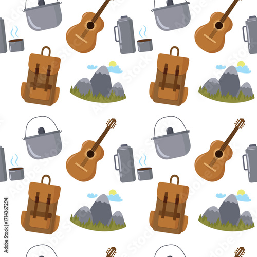 Tourist pattern with a backpack, a thermos, mountains and a pot
