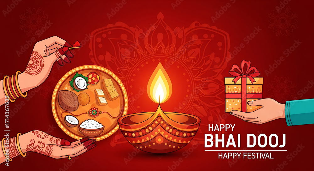Naklejka premium Bhai Dooj Celebration: Thali, Diya, and Gift
