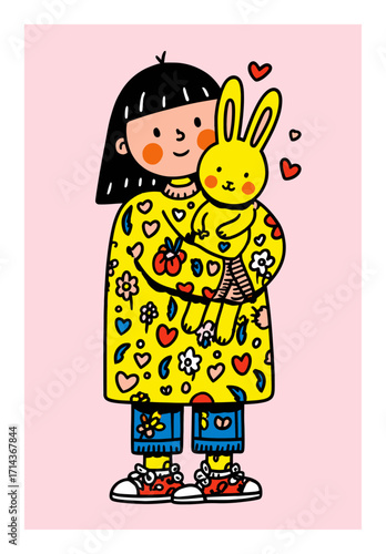 Happy Girl Holding Yellow Bunny with Colorful Sweater and Cute Expressions