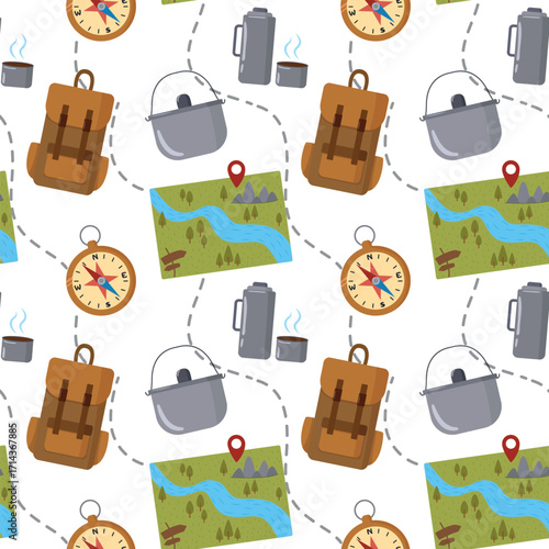 Tourist pattern with a map, backpack, thermos, compass and pot