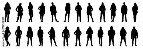 Bundle of modern people wearing Street fashion autumn, winter warm clothes. Men and women in trendy outwear standing and walking. Cartoon characters vector illustration.