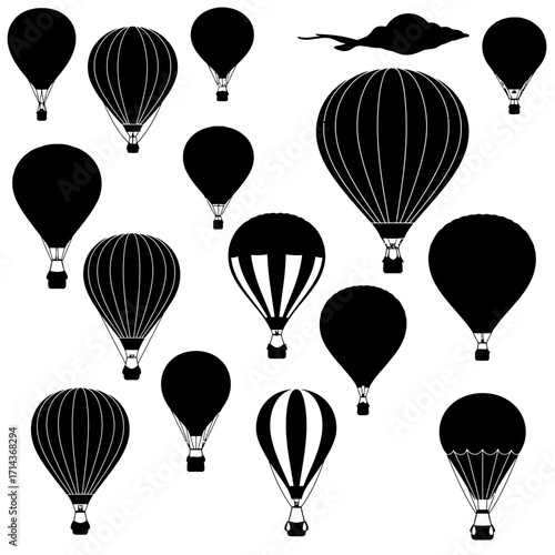Collection of diverse hot air balloons silhouettes various sizes and designs decorative elements for aviation themed projects isolated on white background Vector Illustration