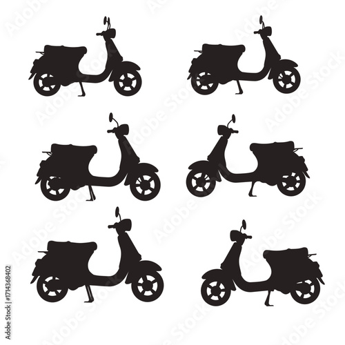 Retro scooter silhouettes six classic italian moped designs for vintage transportation graphics isolated on white background Vector Illustration
