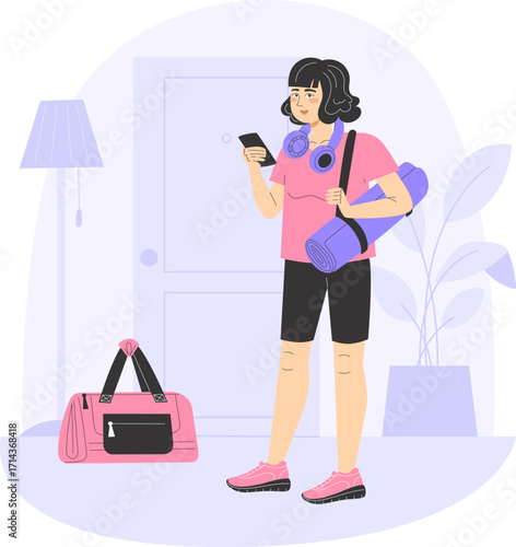 Woman in sportswear with yoga mat standing at front door ready to go to fitness training