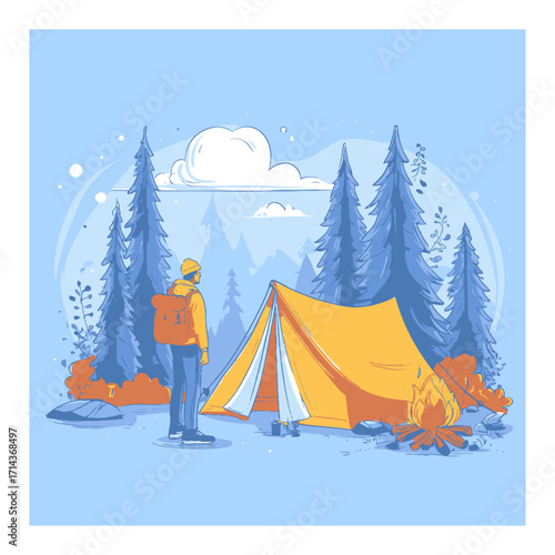 Serene Camping Scene with Tent and Backpacker in Nature's Embrace