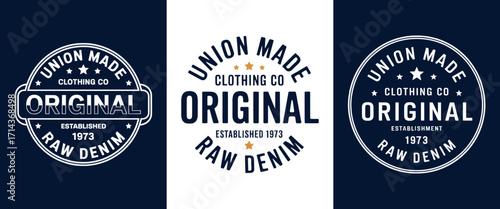 Union made original clothing co raw denim vintage typography circular badge established 1973 retro label for apparel or t shirt design