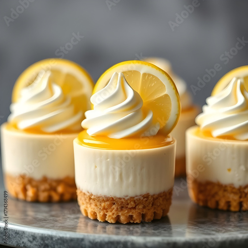Mini lemon cheesecakes with whipped cream and lemon slice topping
