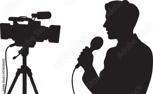  Black silhouette of a journalist interviewing on a white background, vector clipart