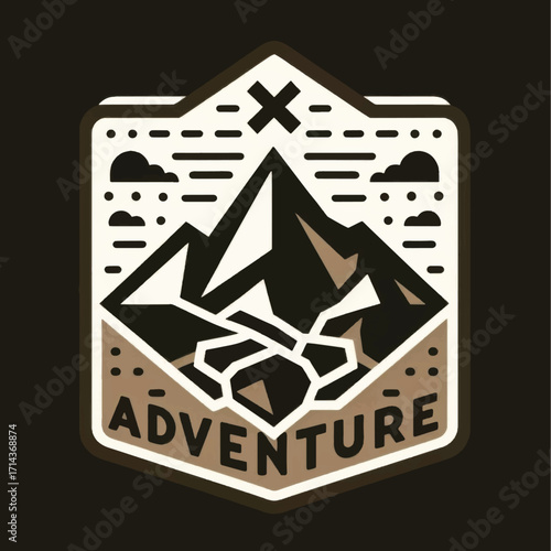Adventure mountain badge illustration with stylized peaks and clouds.
