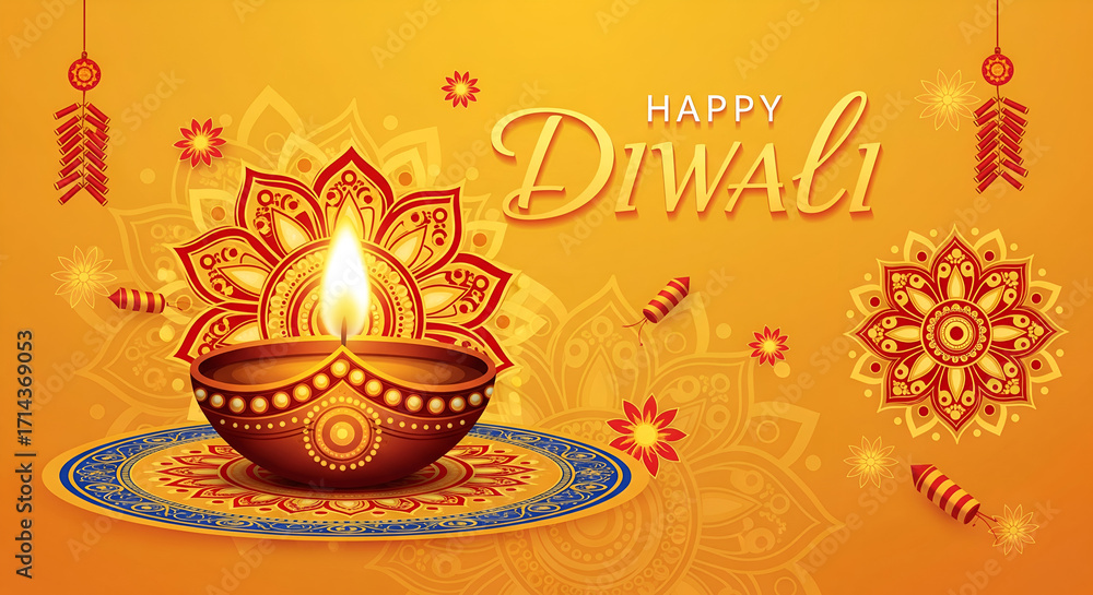Naklejka premium Happy Diwali: Golden Diya, Firecrackers, and Mandala on Orange