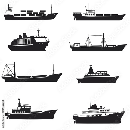 Collection of diverse cargo ship silhouettes for maritime and logistics design projects isolated on white background Vector Illustration