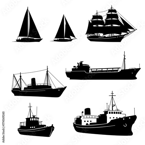 Collection of vintage and modern ships silhouettes for nautical themed projects and maritime designs isolated on white background Vector Illustration