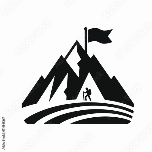 Mountain Climbing Adventure: Silhouette of a Hiker Reaching the Summit with a Flag.