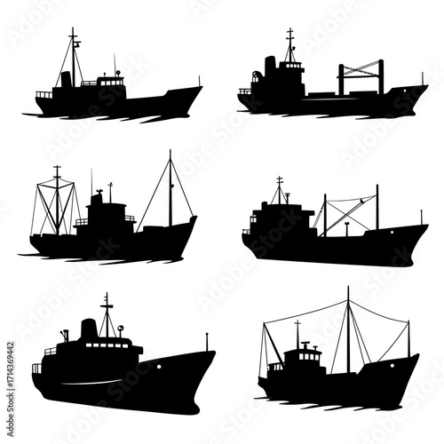Collection of six silhouette fishing boats nautical maritime vessels maritime transportation and seafood harvesting scenes silhouettes isolated on white background Vector Illustration