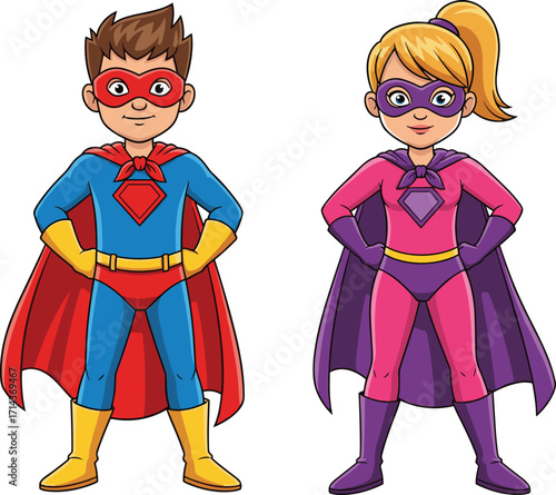 Superhero boy and girl cartoon illustration, male and female heroes in colorful costumes, standing confident, strength, power, teamwork, courage, children, comics