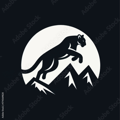 Black panther leaping over mountain peaks at night.