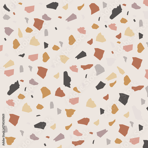 Terrazzo creative vector seamless pattern. Granite fragments abstract backdrop. Chaotic mosaic blue and pink pieces.