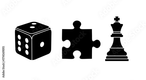Dice, Puzzle, and Chess Pieces Black Silhouettes