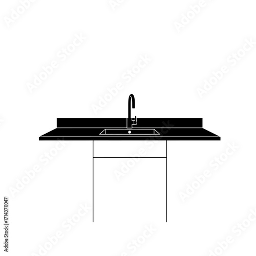 Modern kitchen sink countertop with faucet and cabinet base rendered in black and white for design and architectural visualization isolated on white background Vector Illustration