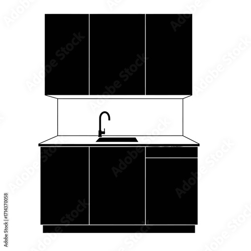 Modern kitchen cabinet design with integrated sink and faucet for sleek contemporary home interiors and renovations isolated on white background Vector Illustration