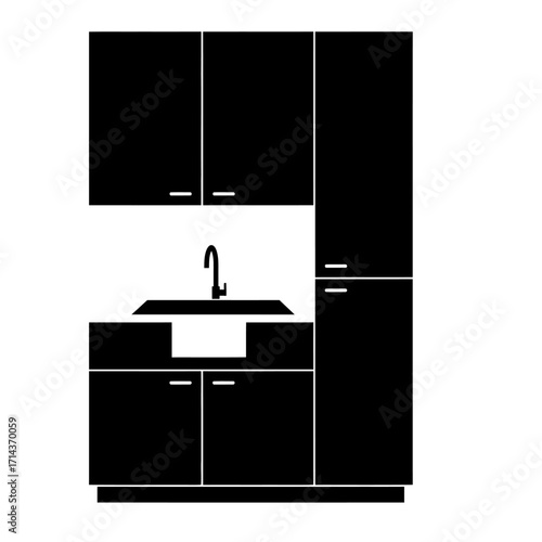 Modern kitchen cabinets and sink configuration featuring sleek design and functional layout for contemporary homes isolated on white background Vector Illustration