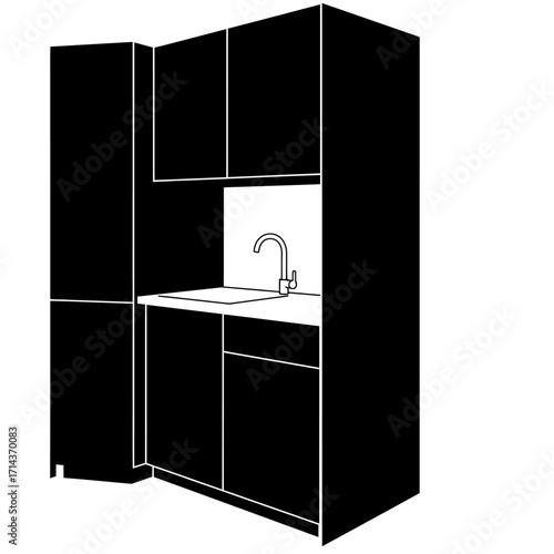 Modern black kitchen cabinetry with integrated sink and faucet offering sleek storage solutions isolated on white background Vector Illustration